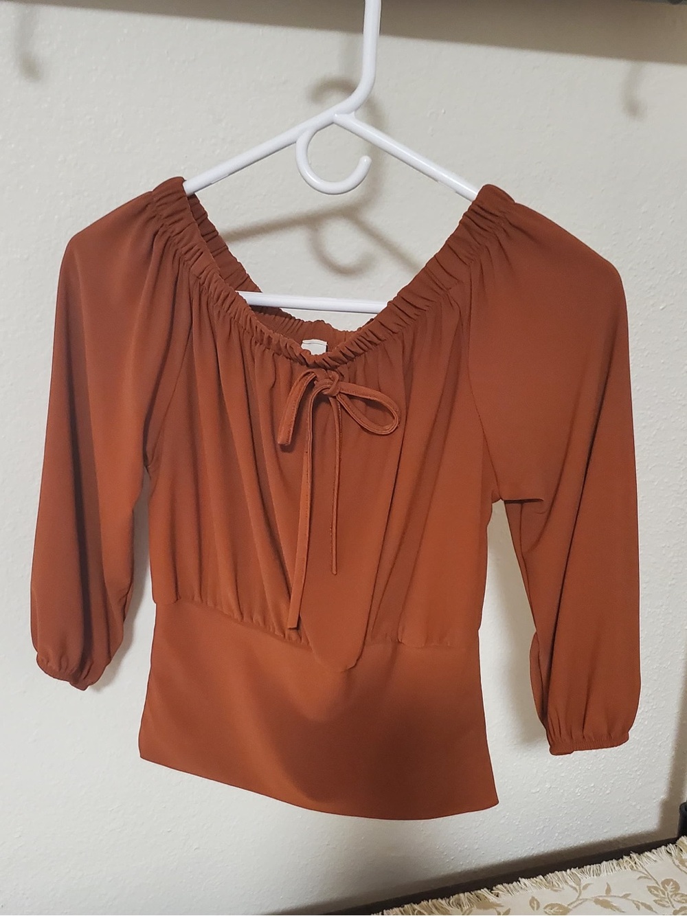 Betti Blu Fashion Rust Brown Off-Shoulder Peasant Top